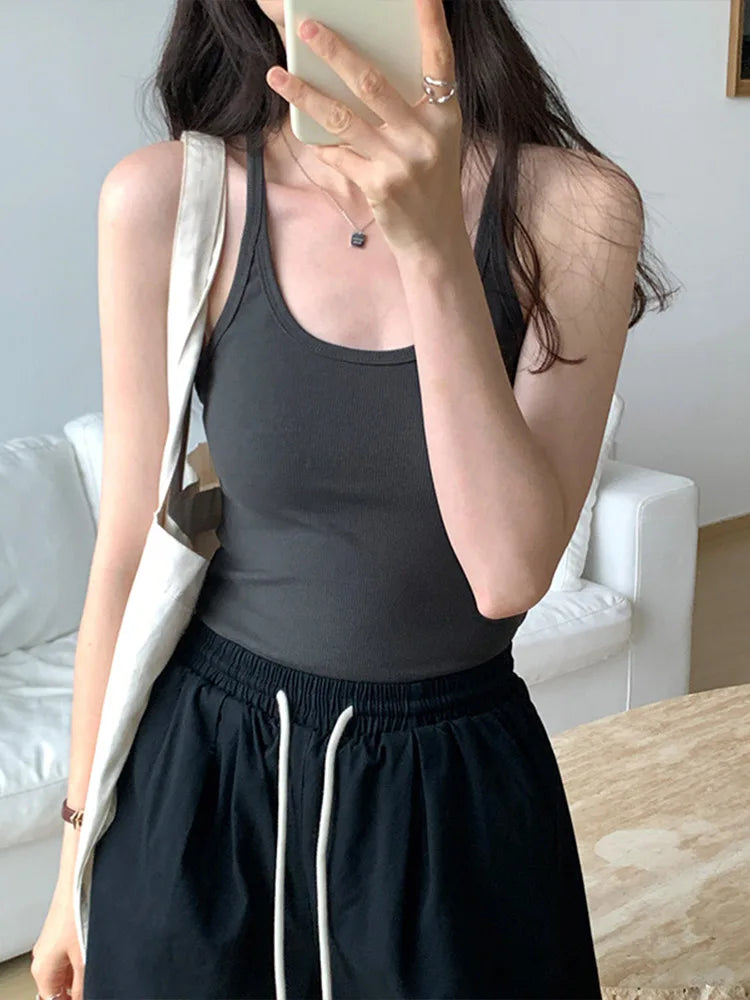 Summer New Solid Color Simple Women’s Tanks Slim Casual Fashion Female Top Apricot Dark Grey Dark Coffee Black Tanks