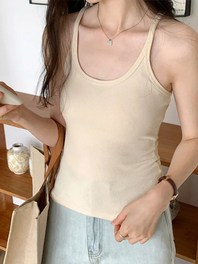 Summer New Solid Color Simple Women’s Tanks Slim Casual Fashion Female Top Apricot Dark Grey Dark Coffee Black Tanks