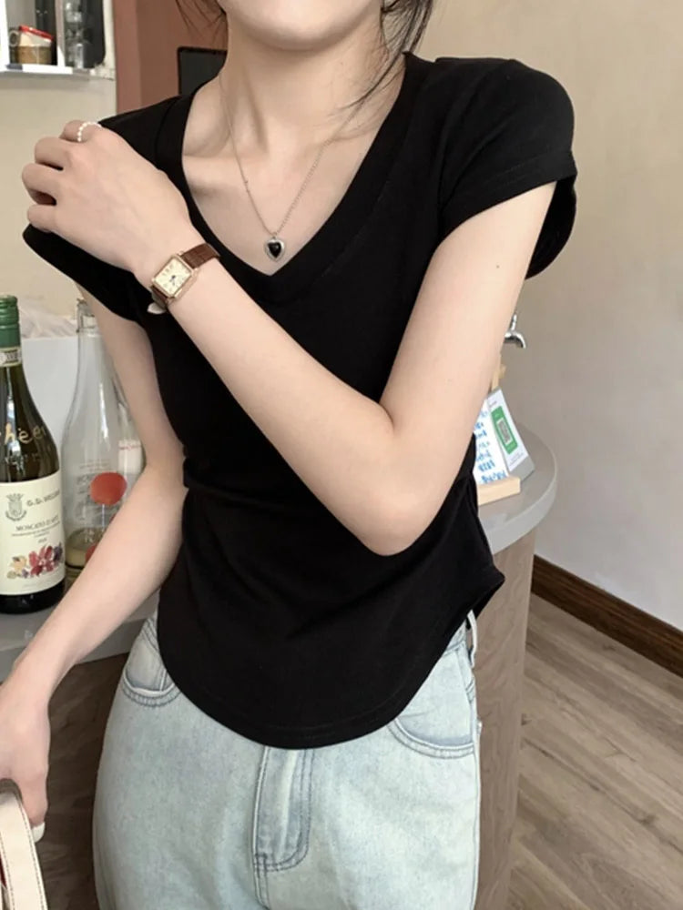 Summer New Solid Color Slim Women’s T-shirt Loose Casual Fashion Basic T-shirt Woman Black White Gray Simple Top Female