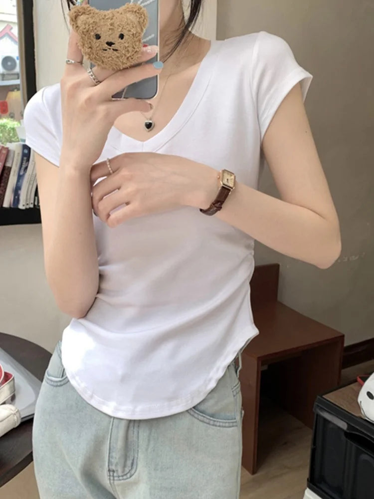 Summer New Solid Color Slim Women’s T-shirt Loose Casual Fashion Basic T-shirt Woman Black White Gray Simple Top Female