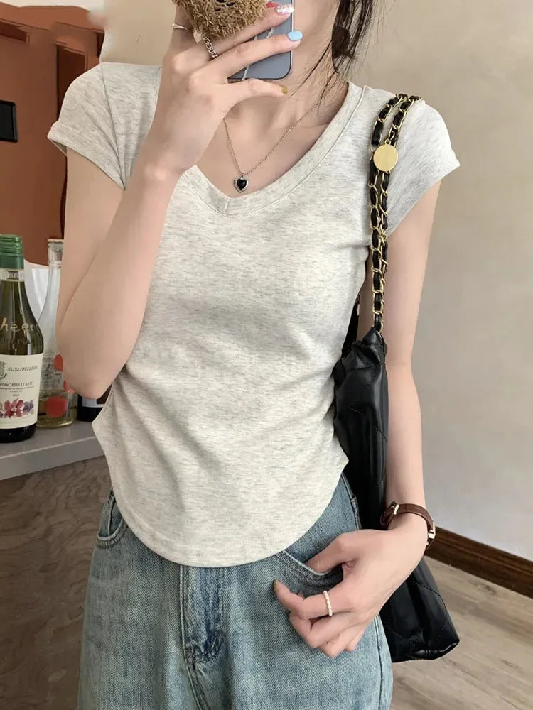 Summer New Solid Color Slim Women’s T-shirt Loose Casual Fashion Basic T-shirt Woman Black White Gray Simple Top Female