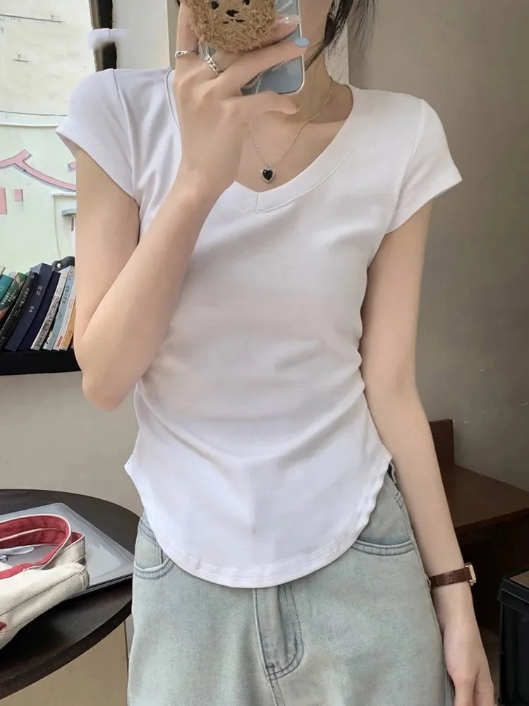 Summer New Solid Color Slim Women’s T-shirt Loose Casual Fashion Basic T-shirt Woman Black White Gray Simple Top Female