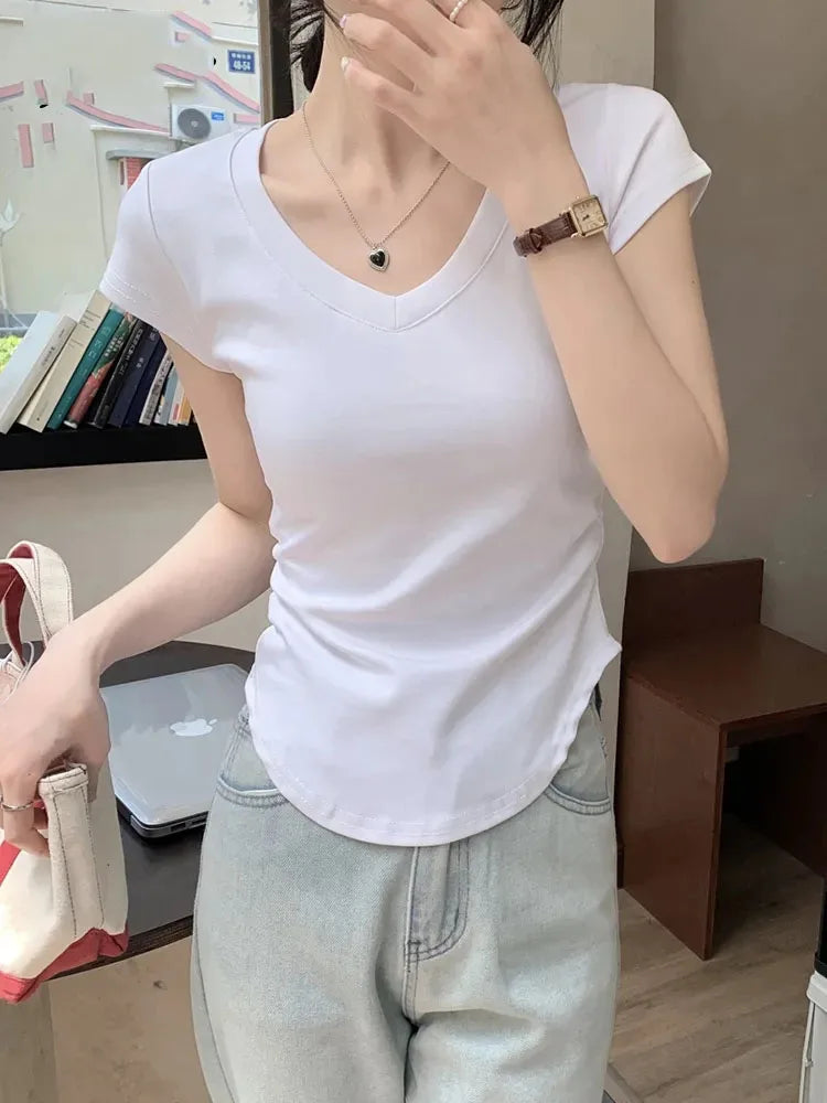 Summer New Solid Color Slim Women’s T-shirt Loose Casual Fashion Basic T-shirt Woman Black White Gray Simple Top Female