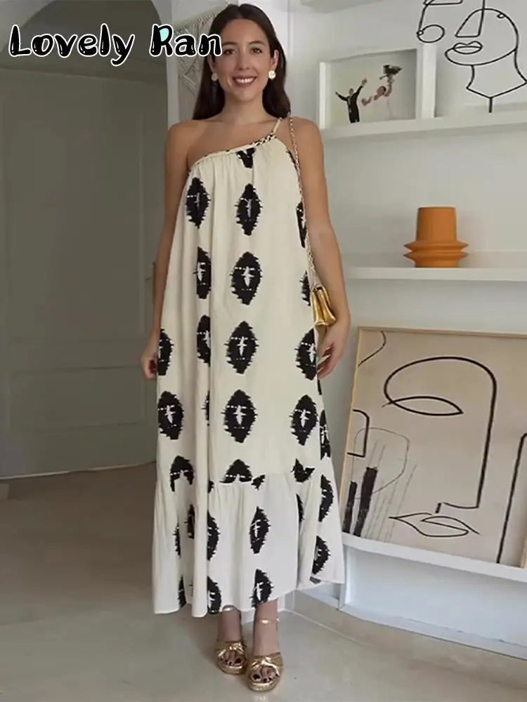 Summer Printing Suspender Maxi Dresses Women One Shoulder Backless Irregular Beach Dress Female Elegant Loose Chic Long Dresses