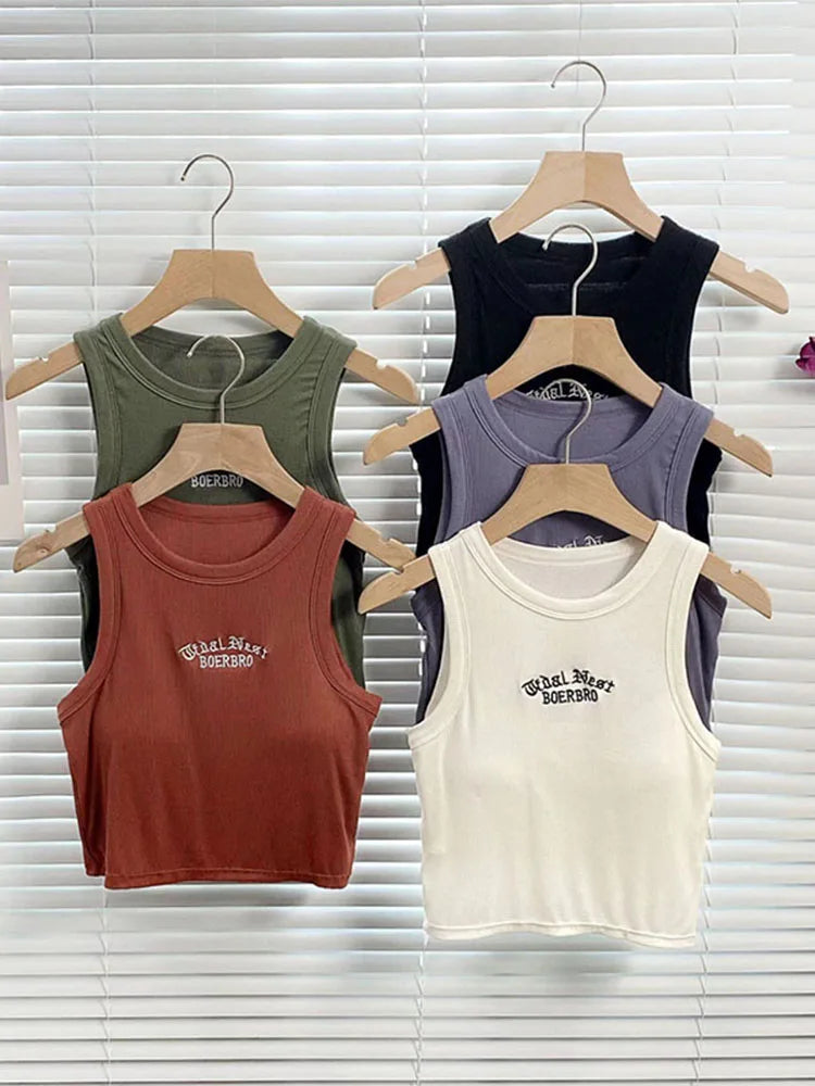 Summer Ribbed Top Women Letter Vest Female Y2k Streetwear Crop Top Sleeveless T-Shirt Casual Short Sport Tops Korean Tank Top