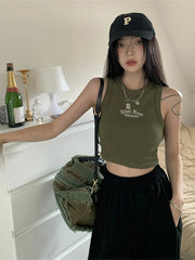 Summer Ribbed Top Women Letter Vest Female Y2k Streetwear Crop Top Sleeveless T-Shirt Casual Short Sport Tops Korean Tank Top