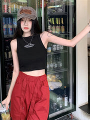 Summer Ribbed Top Women Letter Vest Female Y2k Streetwear Crop Top Sleeveless T-Shirt Casual Short Sport Tops Korean Tank Top