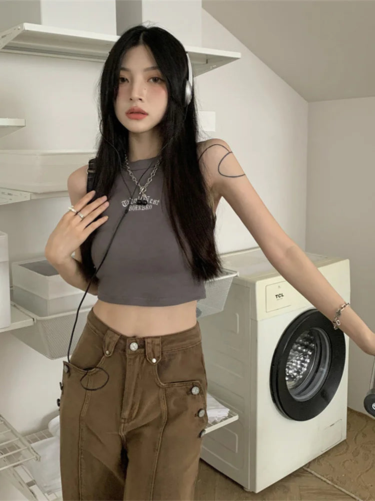 Summer Ribbed Top Women Letter Vest Female Y2k Streetwear Crop Top Sleeveless T-Shirt Casual Short Sport Tops Korean Tank Top