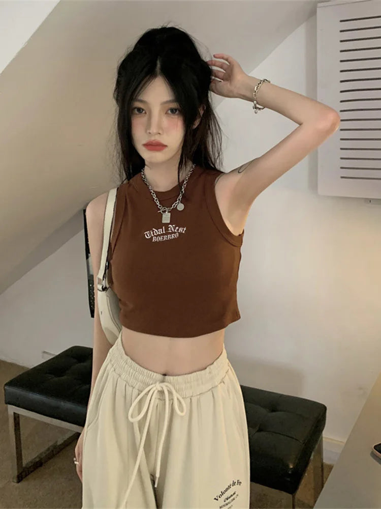 Summer Ribbed Top Women Letter Vest Female Y2k Streetwear Crop Top Sleeveless T-Shirt Casual Short Sport Tops Korean Tank Top