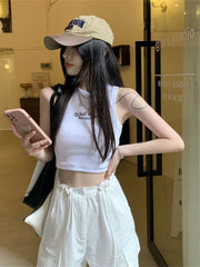 Summer Ribbed Top Women Letter Vest Female Y2k Streetwear Crop Top Sleeveless T-Shirt Casual Short Sport Tops Korean Tank Top