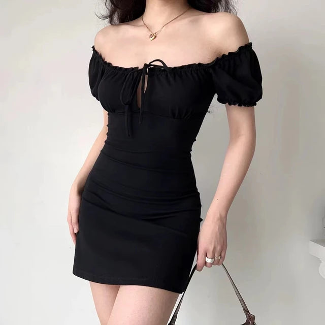 Summer Sexy Mini Dress Women Short Sleeved Lace up Hollow Casual Backless Folds Bodycon Black Dress Party Elegant A-LINE Dresses