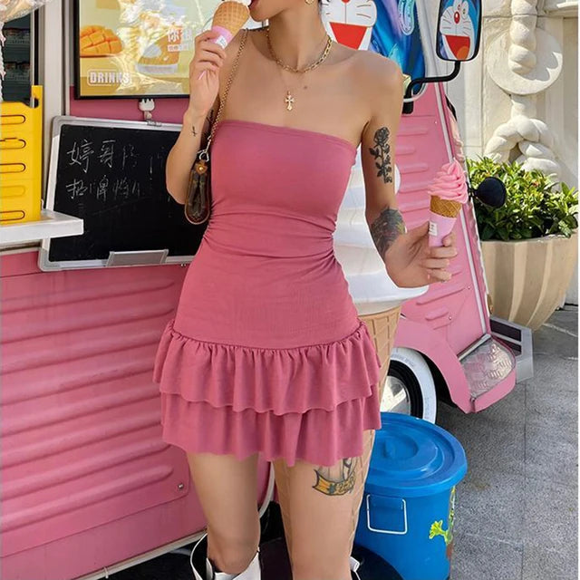 Summer Sexy Mini Dress Women Sleeveless Streetwear Backless Folds Bodycon Black Dress Party A-LINE Strapless Dresses Y2k Clothin