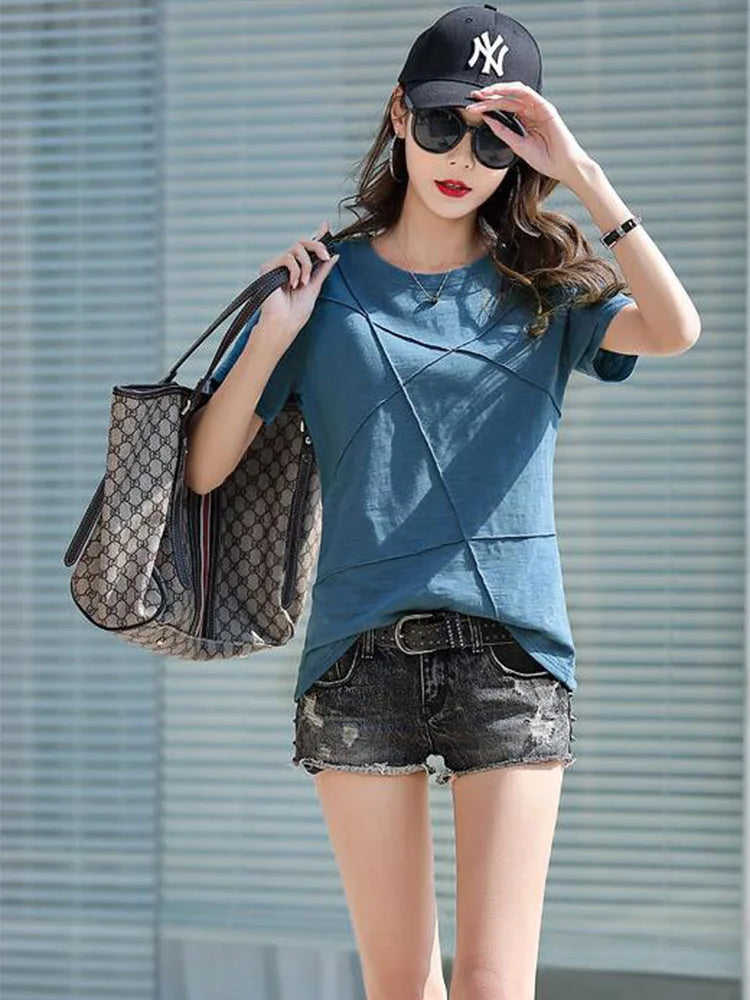 Summer Slim Cotton Bamboo T-Shirts Women 2024 O-Neck Short Sleeve Ribbed Tshirts Female Casual Solid Color Tops