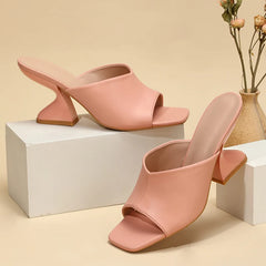 Summer Pink Leather Peep Toe High Heels Slippers for Women – 8CM Casual Mule Shoes