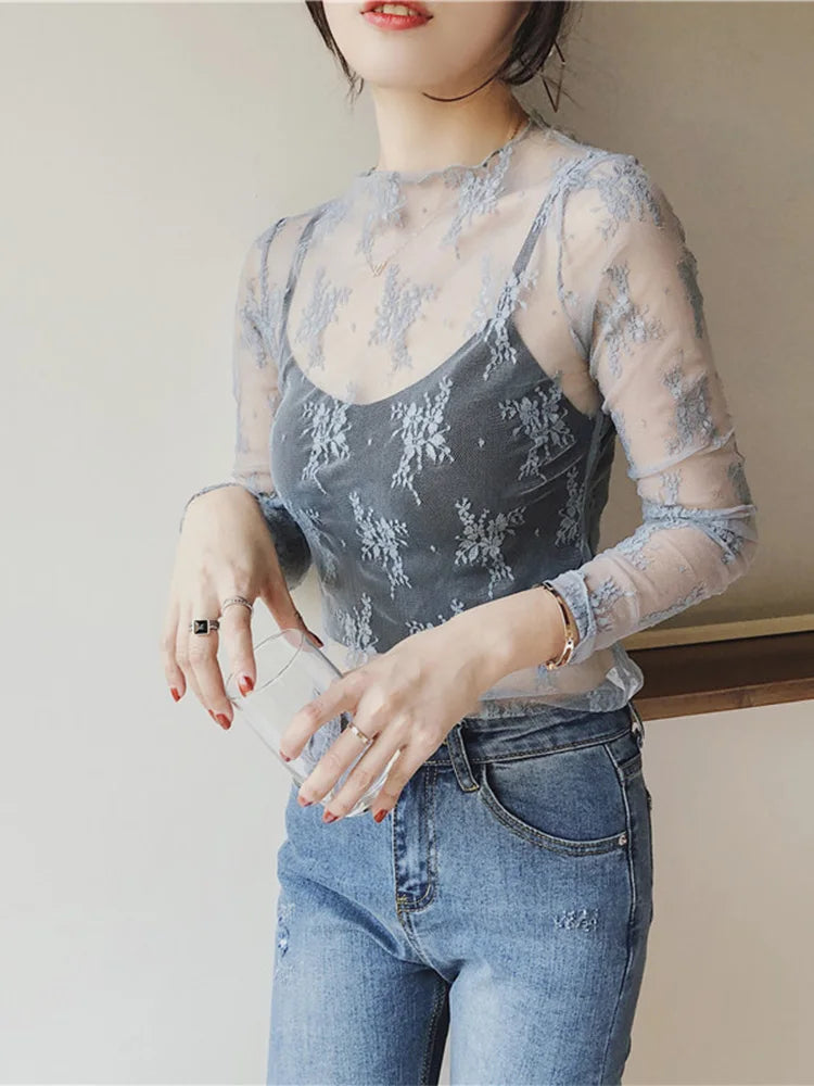 Summer Women Lace Floral Embroidery Blouses Shirt Ladies tops Sexy mesh Blouses Transparent Elegant See-through Black Shirt