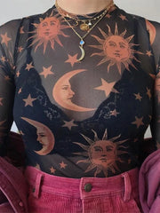 Sun Moon Printed Transparent Mesh Sexy T-Shirt Women O-Neck Long Sleeve Slim Basic Casual Female Tops 2024 Spring New