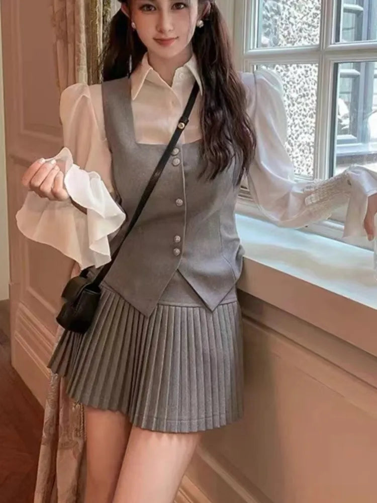 Sweet 3 Piece Set Women Flare Sleeve Shirt Square Collar Vest Pleated Mini Skirt Autumn Spring Solid Y2K Korean Chic Outfits New