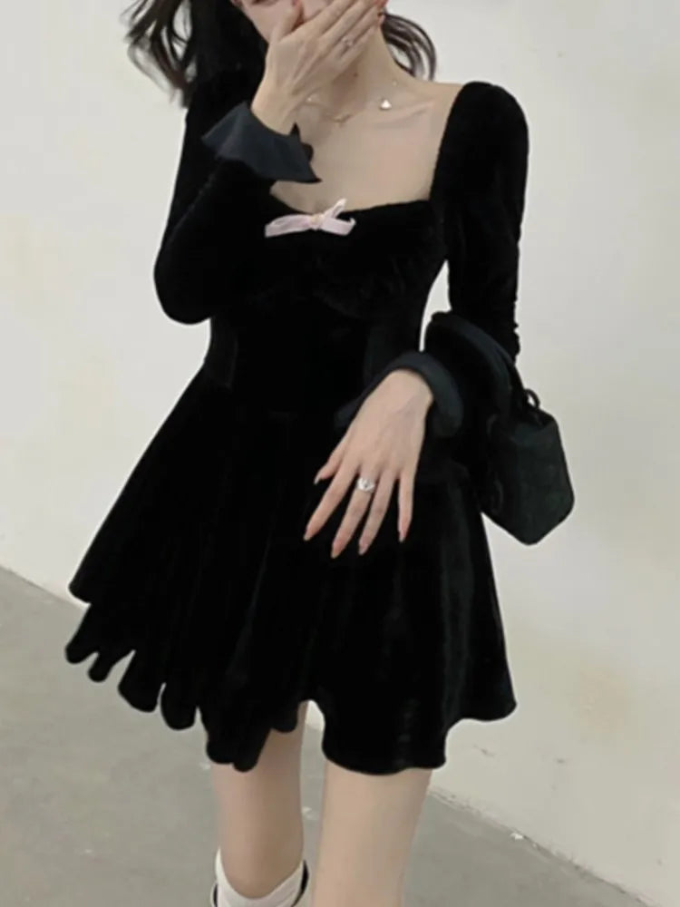 Sweet Black Velvet Mini Dress Women Flare Sleeve Square Collar Autumn Winter France Vintage Birthday Party Kawaii Vestidos New