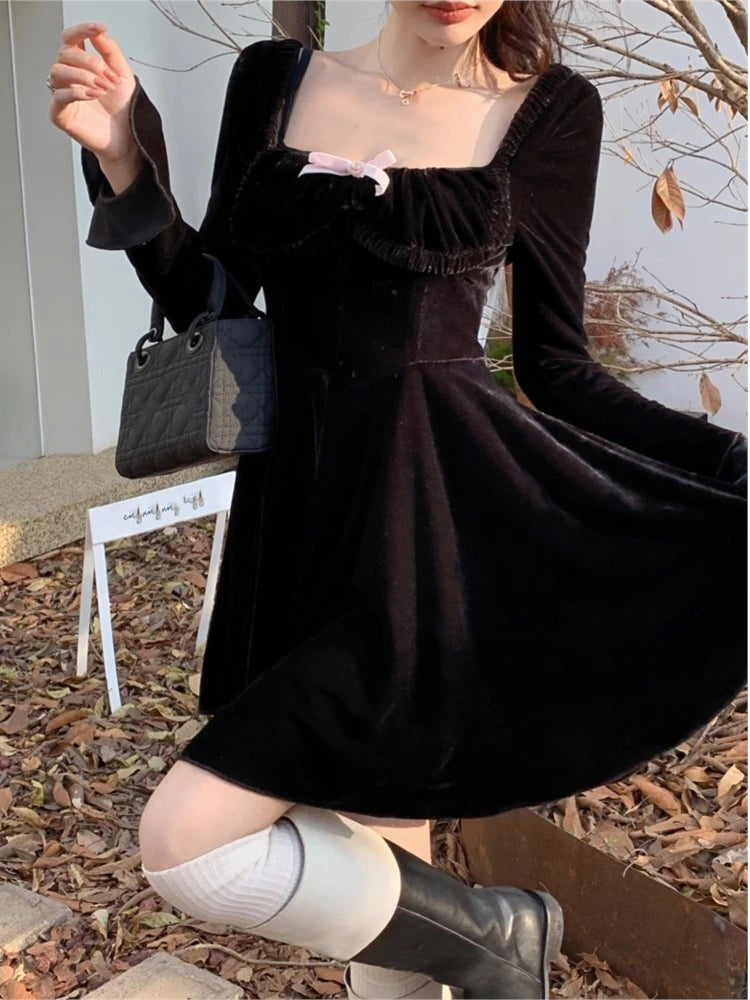 Sweet Black Velvet Mini Dress Women Flare Sleeve Square Collar Autumn Winter France Vintage Birthday Party Kawaii Vestidos New