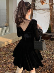 Sweet Black Velvet Mini Dress Women Flare Sleeve Square Collar Autumn Winter France Vintage Birthday Party Kawaii Vestidos New