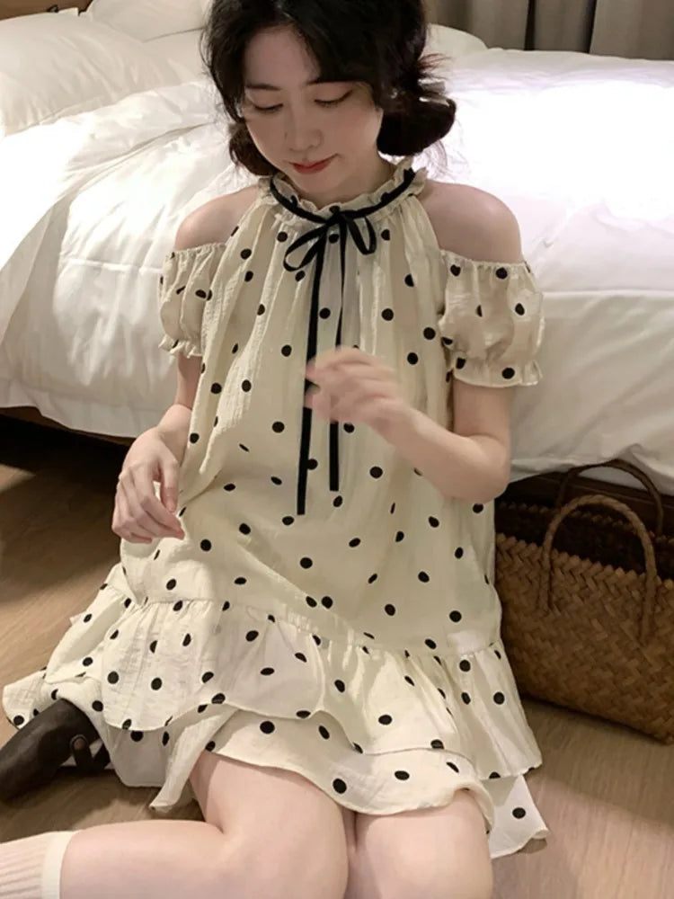 Sweet Dot Short Dress Women Summer New Ruffles A-line Bow Kawaii Birthday Party Dress Y2K Casual Korean Chic Vestido Mujer