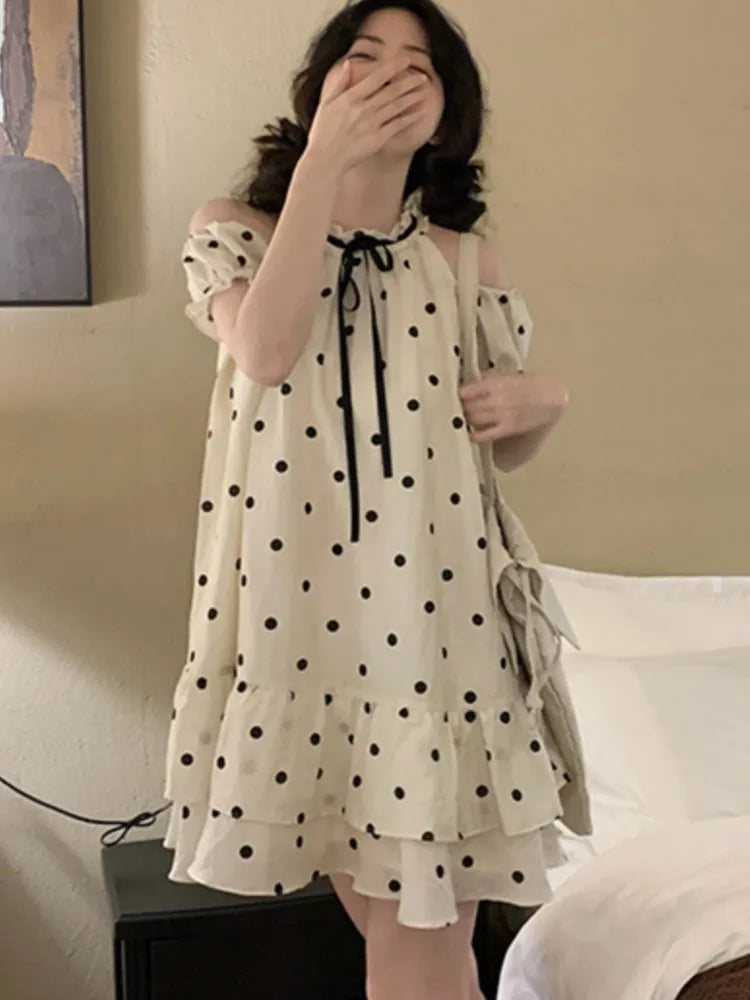 Sweet Dot Short Dress Women Summer New Ruffles A-line Bow Kawaii Birthday Party Dress Y2K Casual Korean Chic Vestido Mujer