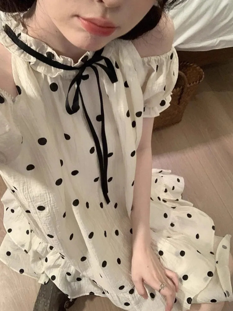 Sweet Dot Short Dress Women Summer New Ruffles A-line Bow Kawaii Birthday Party Dress Y2K Casual Korean Chic Vestido Mujer