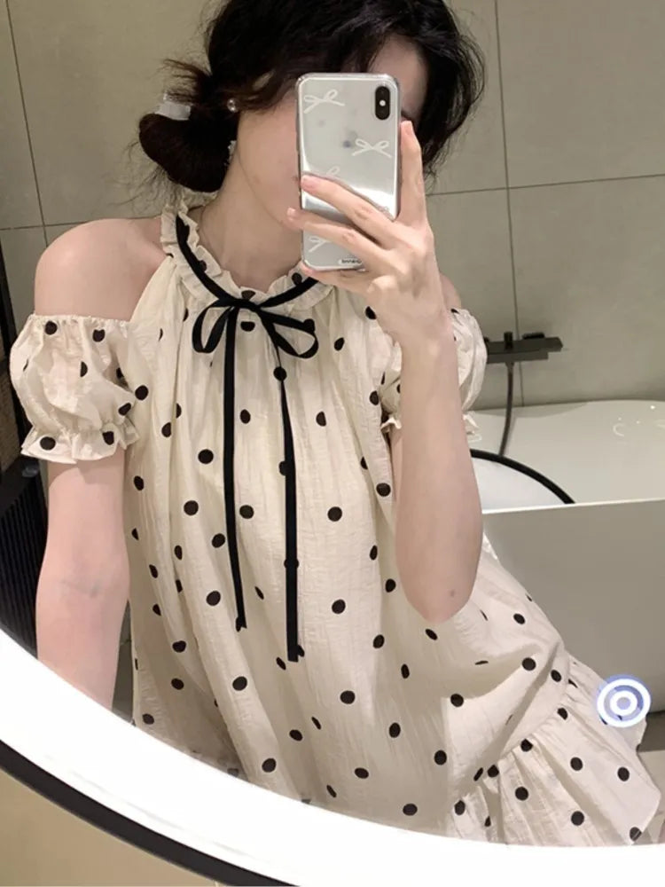 Sweet Dot Short Dress Women Summer New Ruffles A-line Bow Kawaii Birthday Party Dress Y2K Casual Korean Chic Vestido Mujer