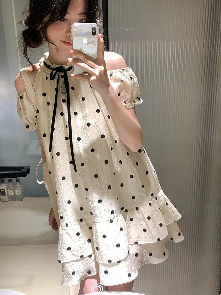 Sweet Dot Short Dress Women Summer New Ruffles A-line Bow Kawaii Birthday Party Dress Y2K Casual Korean Chic Vestido Mujer