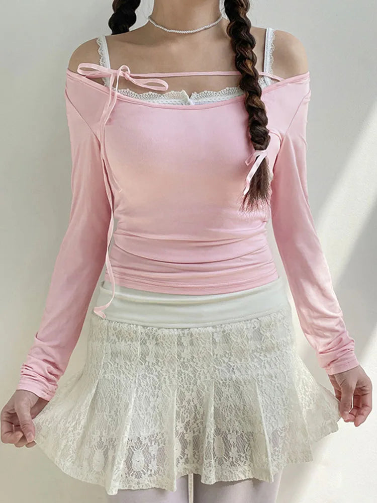 Sweet Lace-up Slash Neck T-shirt Pink Kawaii Long Sleeve Tops Spring Casual Y2K Aesthetic Tops Korean Cute Clothes 2024