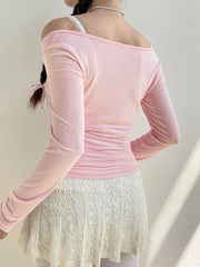 Sweet Lace-up Slash Neck T-shirt Pink Kawaii Long Sleeve Tops Spring Casual Y2K Aesthetic Tops Korean Cute Clothes 2024