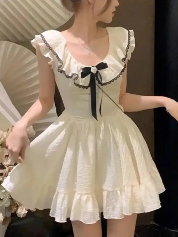 Sweet Solid Bow Mini Dess Women Kawaii Flying Sleeve Ruffles Korean Gentle Style Slim Fit Vintage Party Retro One Piece Vestidos