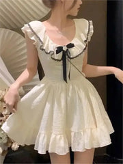 Sweet Solid Bow Mini Dess Women Kawaii Flying Sleeve Ruffles Korean Gentle Style Slim Fit Vintage Party Retro One Piece Vestidos