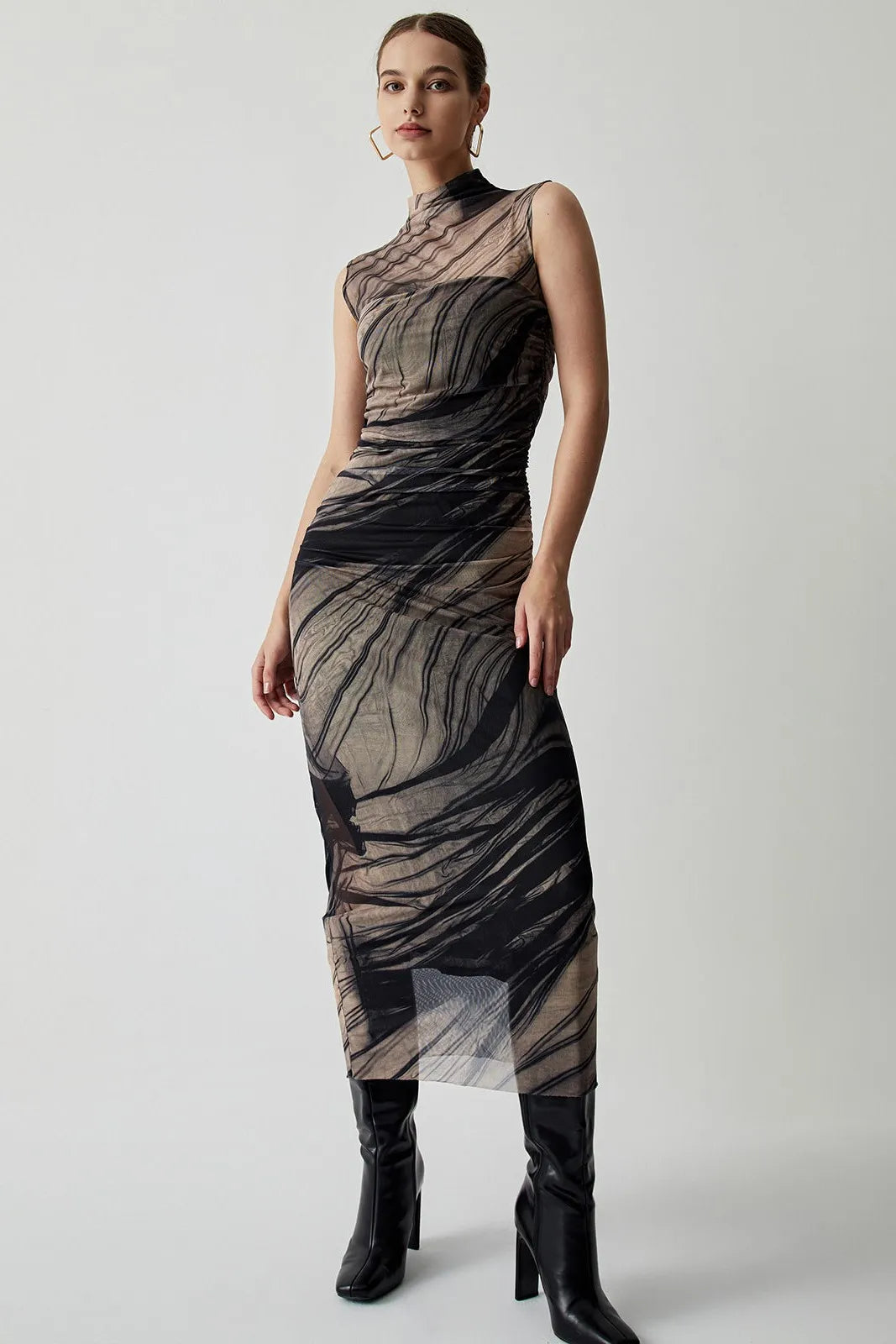 Sylvia Brown Ruched Mesh Mock Neck Maxi Dress