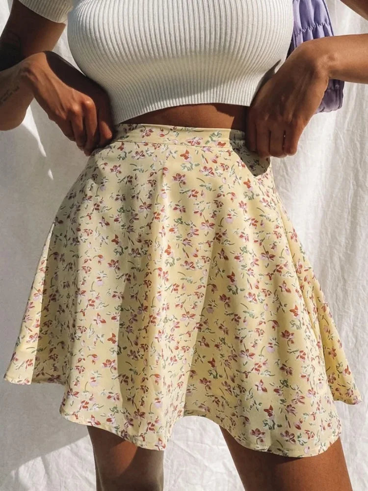 TARUXY 2023 New Floral Printed Mini Skirt For Women High Waist Pleated Summer Skirts 90s Sweet Holiday Sundress Yellow Y2k Skirt