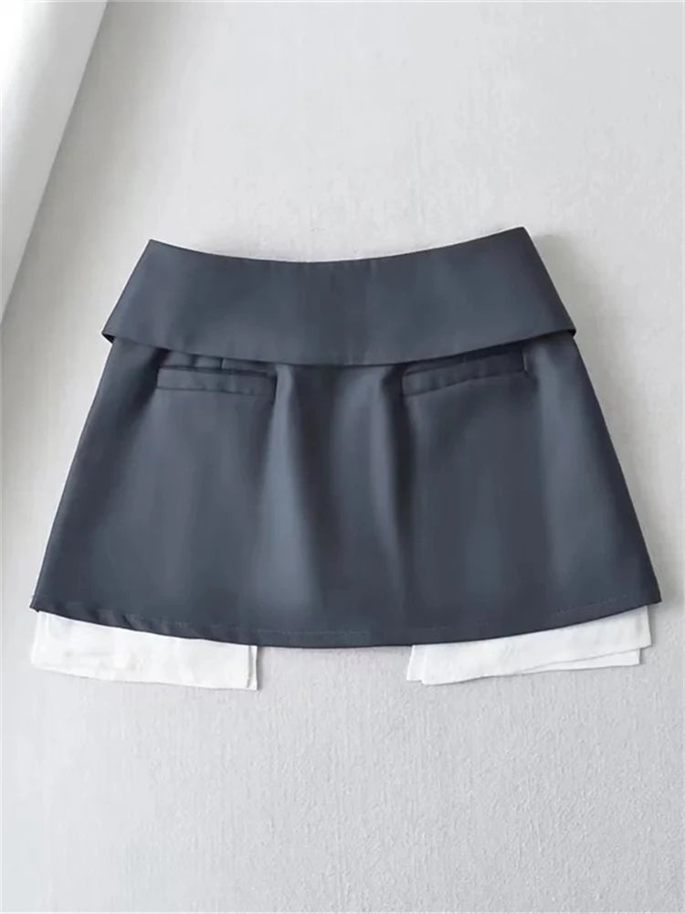 TARUXY 2023 New Mini Skirt For Women High Waist Gray Pleated Skirt A-Line Turn-Down Shorts Y2k Skirt With Pockets Streetwear