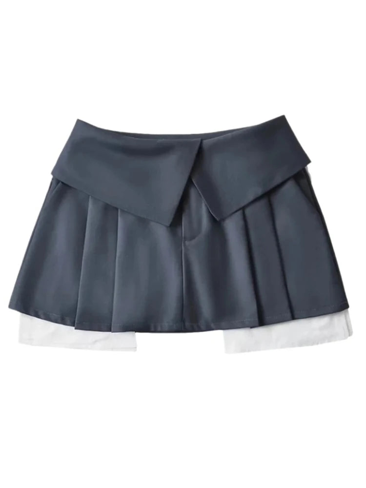 TARUXY 2023 New Mini Skirt For Women High Waist Gray Pleated Skirt A-Line Turn-Down Shorts Y2k Skirt With Pockets Streetwear