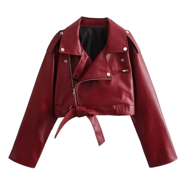 TARUXY Bandage Red PU Jackets For Women Fashion Zipper Turn Collar Lace Up Coat Womens Winter Street Casual Short Jacket Woman