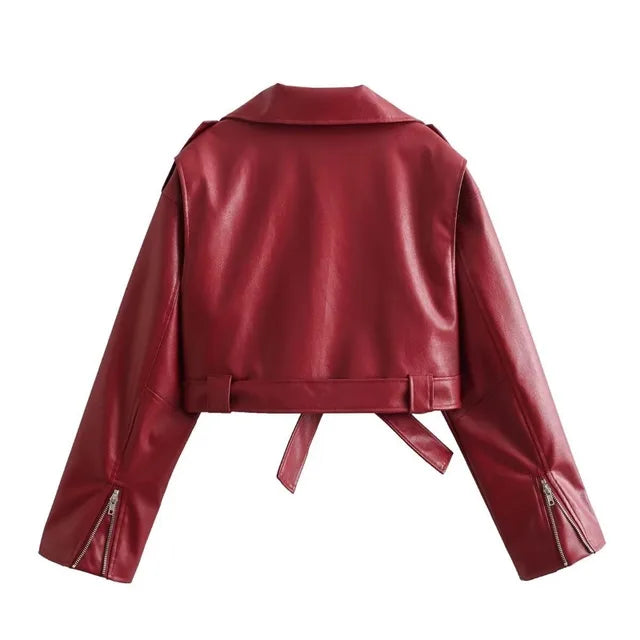 TARUXY Bandage Red PU Jackets For Women Fashion Zipper Turn Collar Lace Up Coat Womens Winter Street Casual Short Jacket Woman