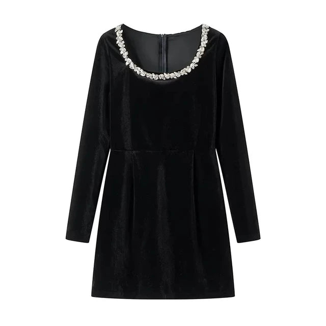 TARUXY Bead Drill Velveteen Dress For Women Long Sleeve Slim Black Formal Dress Female Party Elegant Retro Evening Dresses Femme