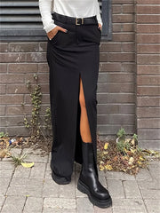 TARUXY Black Long Skirt For Women Casual Streetwear High Waist Slim Bodycon Skirts Split Out Ladies Basic Straight Maxi Skirt