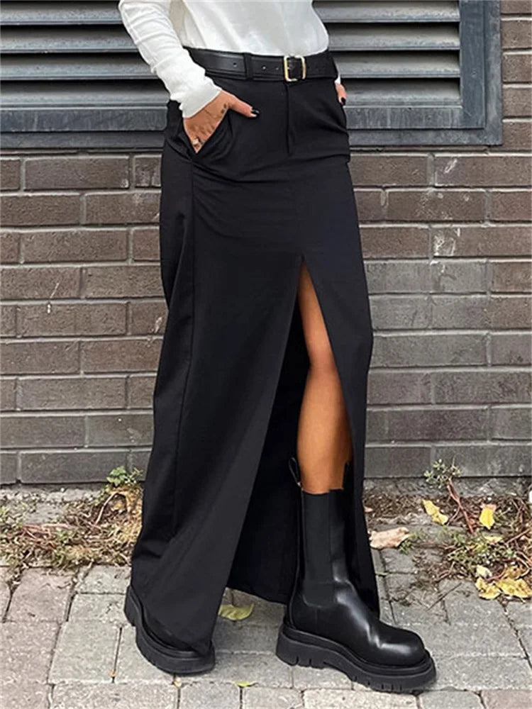 TARUXY Black Long Skirt For Women Casual Streetwear High Waist Slim Bodycon Skirts Split Out Ladies Basic Straight Maxi Skirt