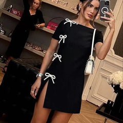 TARUXY Bow Side Slit Mini Dress Women Sexy Hip Wrap Slim Short Sleeve Femme Retro High Street Slim Y2K Club Party Evening Dress