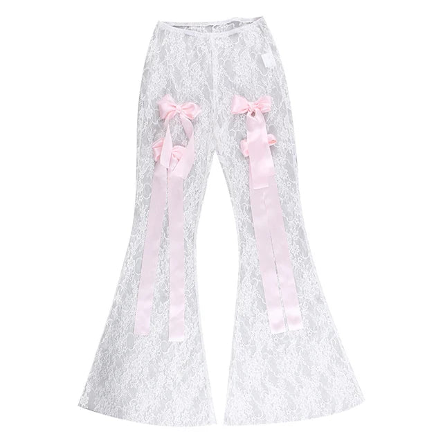 TARUXY Bow Splice Lace Pants Women Sheer Slim High Waist Bottoms Hot Girls 2024 Beach Party Sexy Club See Through Pant Ladies