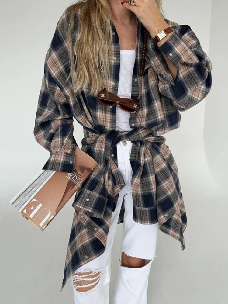 TARUXY Casual Retro Blouse Women 2023 Autumn Winter Fashion Loose Long Shirts Female Plaid Basic Street Cardigan Woman Clothing