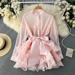 TARUXY Chiffon Dress For Women 2024 Bandage Ruffle Splice Mesh Long Sleeve Cover-up Woman Beach Sexy Bow Oversized Dresses Femme