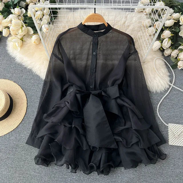 TARUXY Chiffon Dress For Women 2024 Bandage Ruffle Splice Mesh Long Sleeve Cover-up Woman Beach Sexy Bow Oversized Dresses Femme