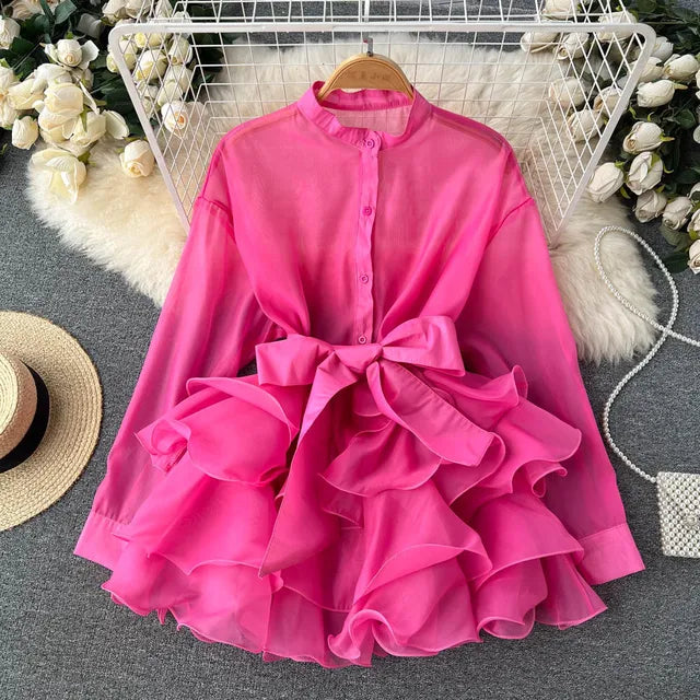 TARUXY Chiffon Dress For Women 2024 Bandage Ruffle Splice Mesh Long Sleeve Cover-up Woman Beach Sexy Bow Oversized Dresses Femme