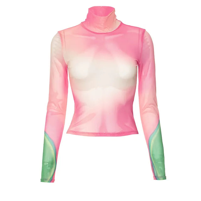 TARUXY Colorful Tie Dye Long Sleeve Tees Women Pink Fashion Y2k Mesh Pullover Femme 2024 Beach Sheer Slim Girls Shirt Street New