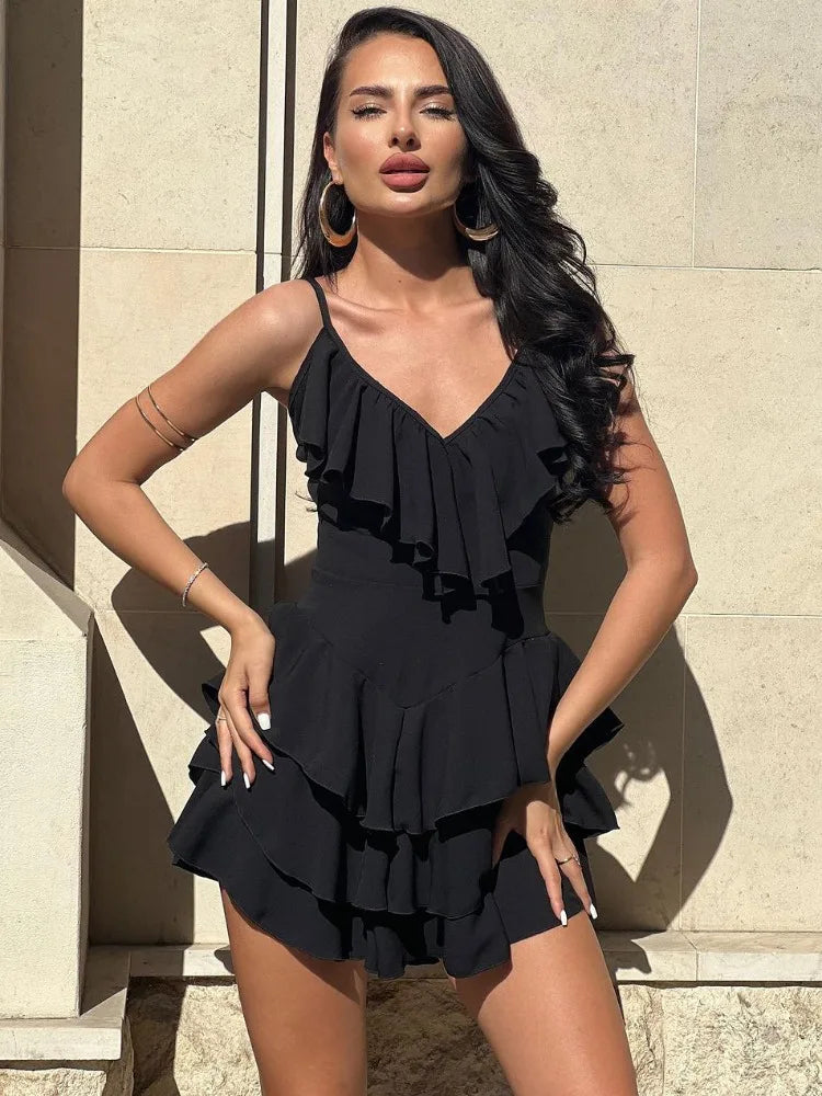 TARUXY Deep V Neck Beach Dress Women 2024 Summer Slim Pleated Ruffle Dresses Ladies Holiday Sexy Backless Maxi Dresses For Women